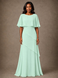 Taupe Chiffon A-Line Mother of the Bride Dress with Cape Sleeves
