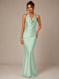 Olive Green Halter Satin Mermaid Maxi Dress