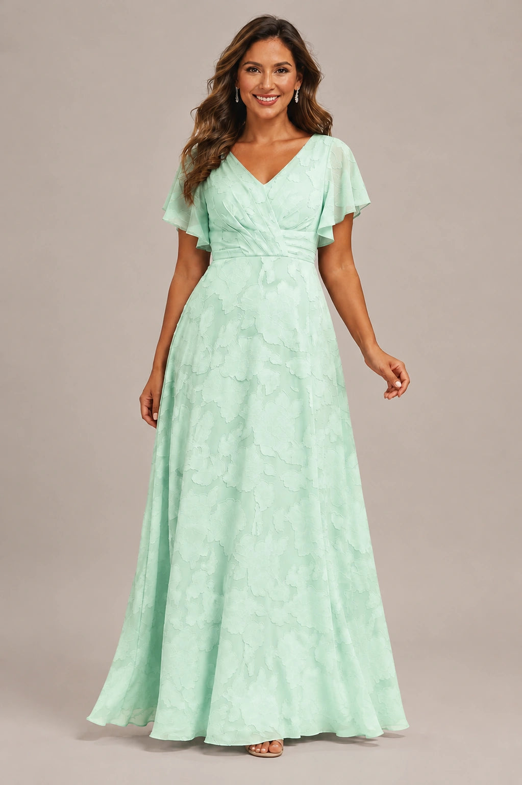 Jovellee Floral Chiffon A-Line Mother of the Bride Dress with Flutter Sleeves