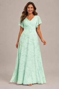 Jovellee Floral Chiffon A-Line Mother of the Bride Dress with Flutter Sleeves