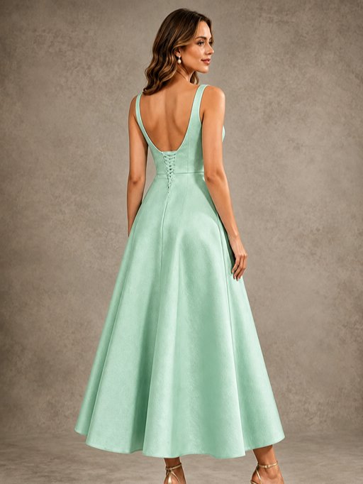 Tea-Length Satin Mother of the Bride Dress with 3D Flower Detail