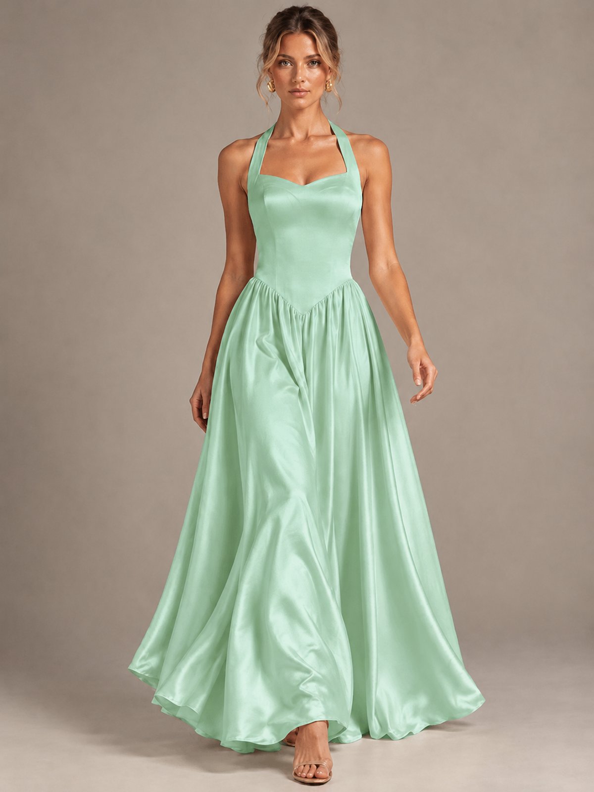 Light Yellow Halter Neck Satin A-Line Maxi Dress with Pockets