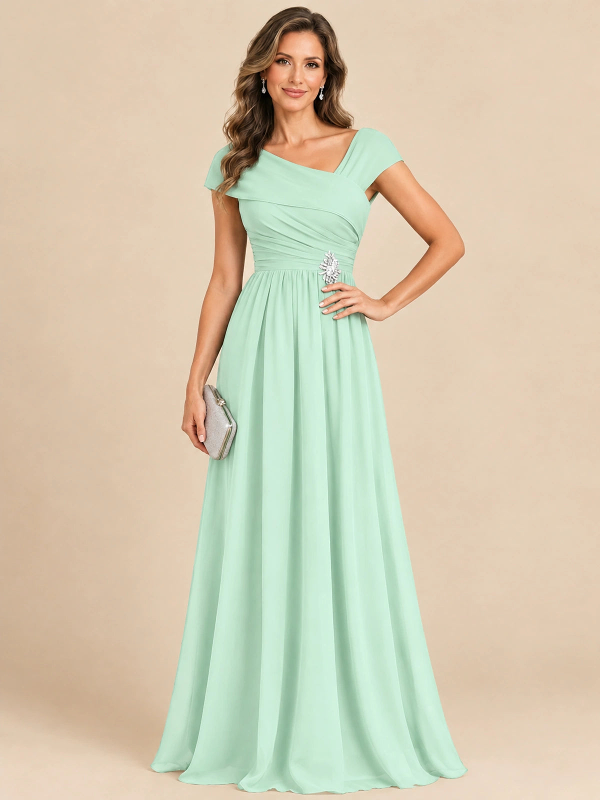 Cap Sleeve Mother of The Bride Dresses Long Chiffon Formal Gowns