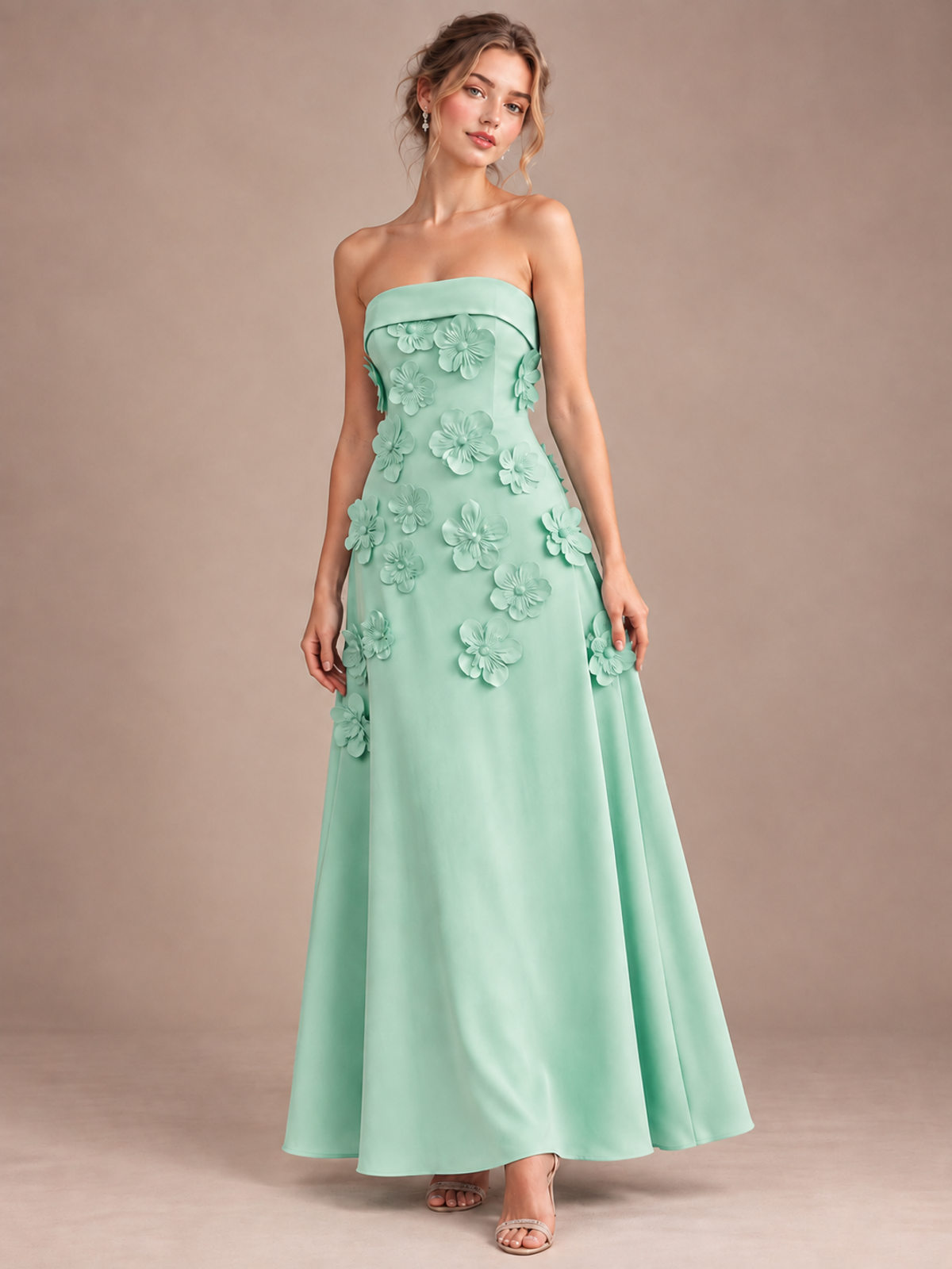 Mint Green Strapless 3D Floral Appliques Maxi Dress