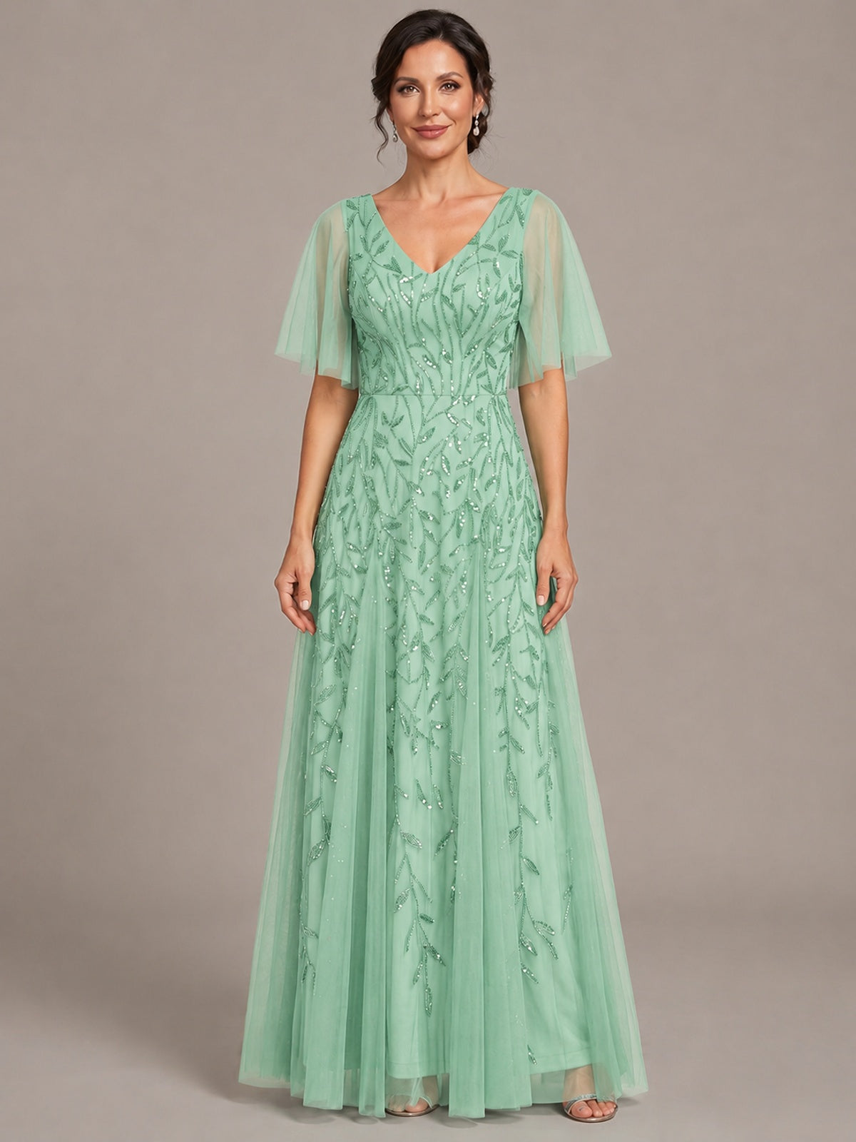 Mint Green V-Neck Sequin Tulle Mother of the Bride Dress with Flutter Sleeve A-line Evening Formal Wedding Guest Dress