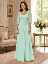 Chiffon Lace Applique Mother of the Bride Dress with 3/4 Sleeves