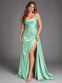 Off Shoulder Satin Maxi Dress with Slit
