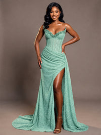 Mint Green Strapless Sequin Corset Mermaid Prom Dress with High Slit & Train Sparkly Evening Formal Gown