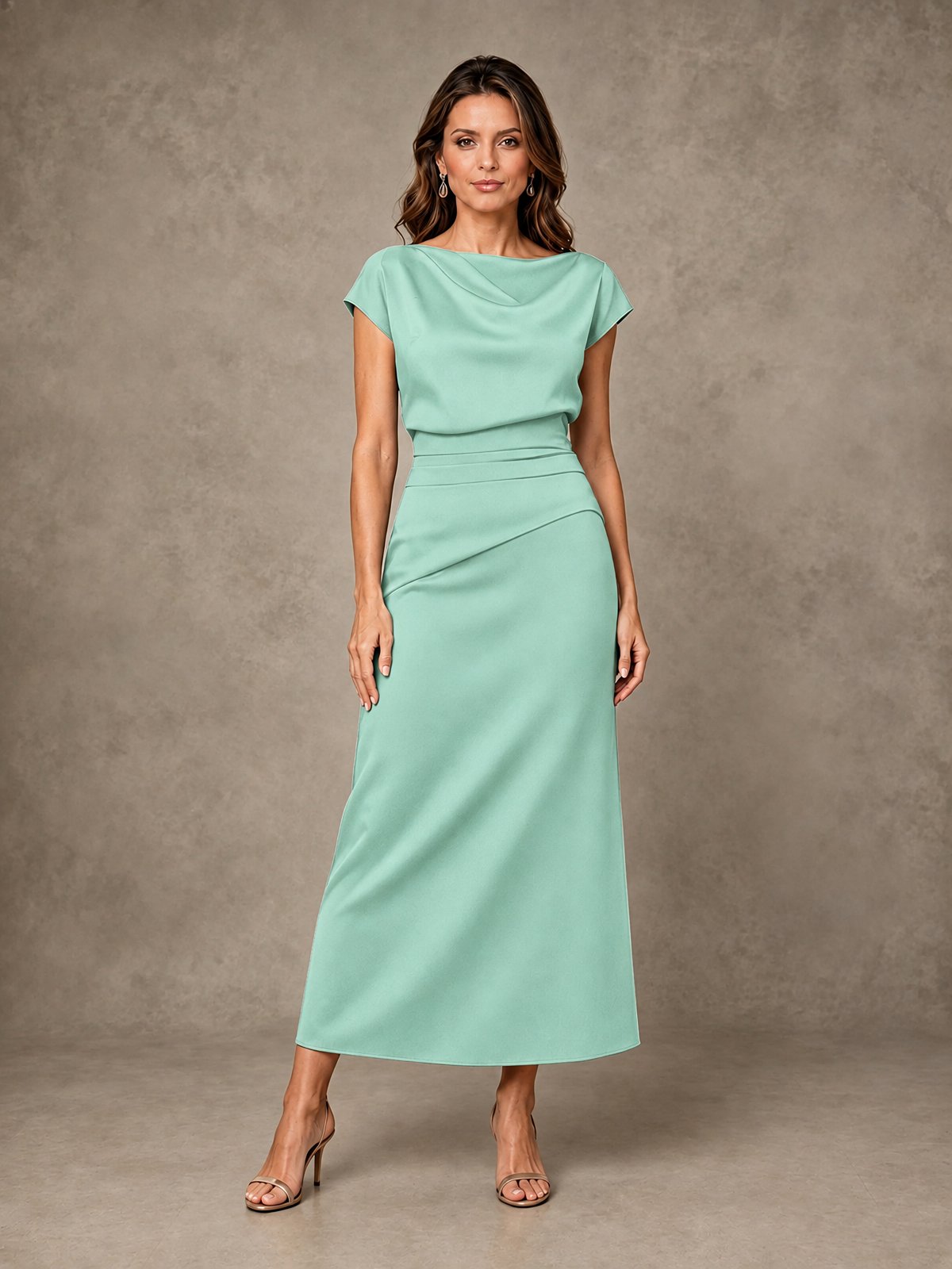 Cowl Neck Satin Mother of the Bride Dress with Ruched Waist
