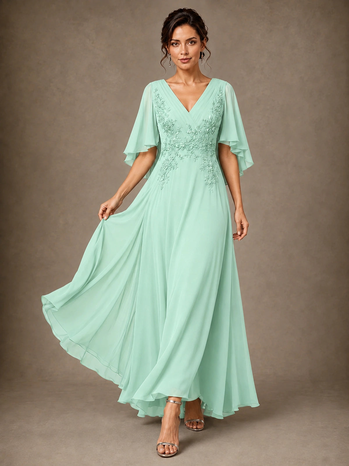 V-Neck Chiffon Lace Mother of the Bride Dress with Flutter Sleeves