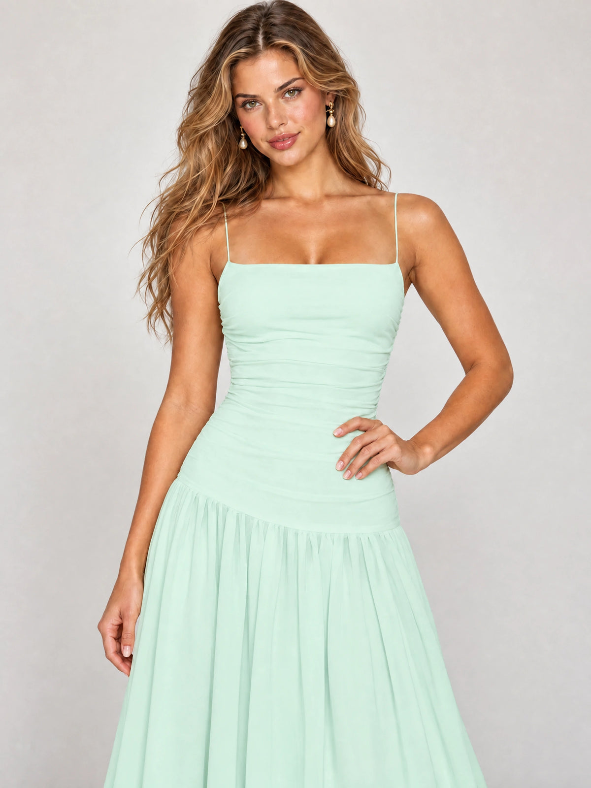 Butter Yellow Ruched Spaghetti Strap Drop-Waist Prom Dress