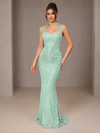 Mint Green Halter Sequin Mermiad Ruched Prom Dress Long Ruched Eveing Gown