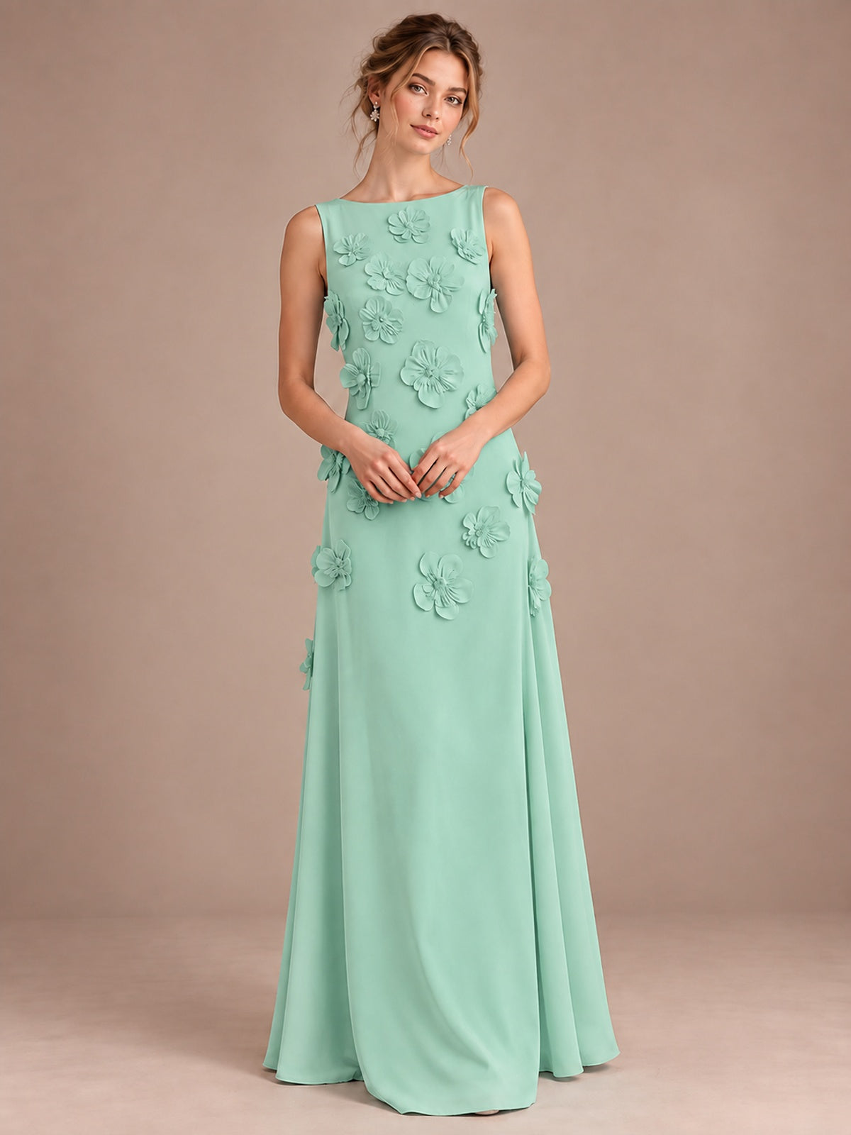 3D Floral Applique Sleeveless Formal Maxi Dress