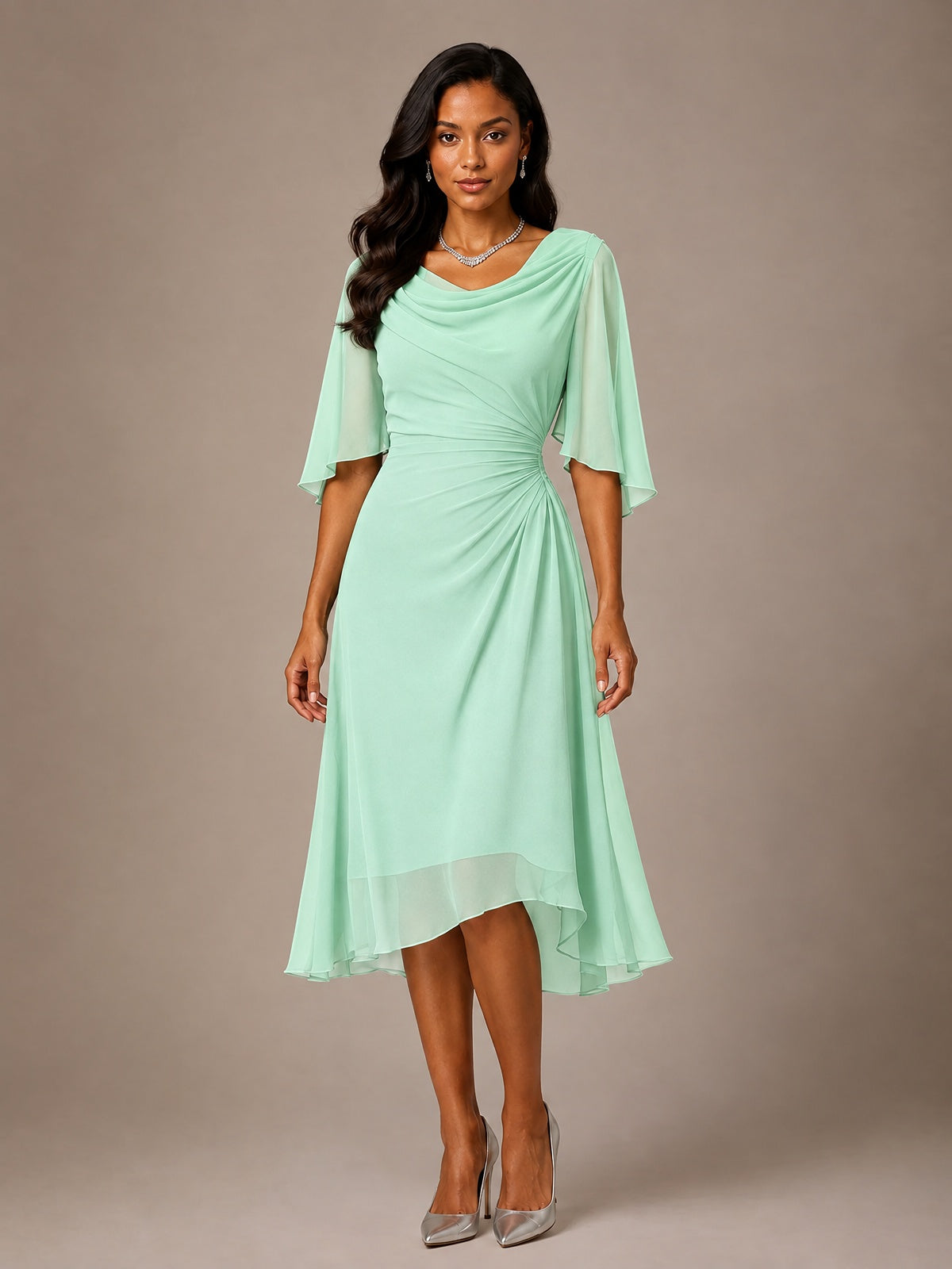 Cowl Neck Ruched Chiffon Mother of the Bride Dresses with Flutter Sleeves