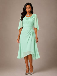 Cowl Neck Ruched Chiffon Mother of the Bride Dresses with Flutter Sleeves