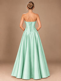 Blush Pink Strapless Satin A-Line Prom Dress with Ruched Bodice