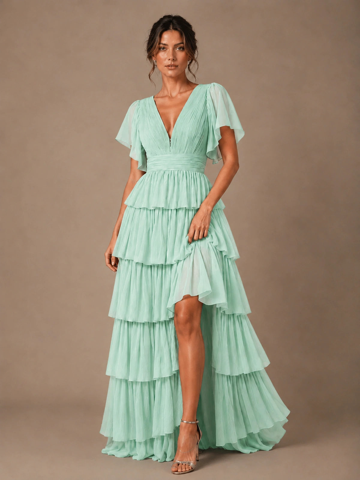 Chiffon V-Neck Tiered Ruffle Bridesmaid Dress with Slit