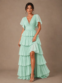 Chiffon V-Neck Tiered Ruffle Bridesmaid Dress with Slit