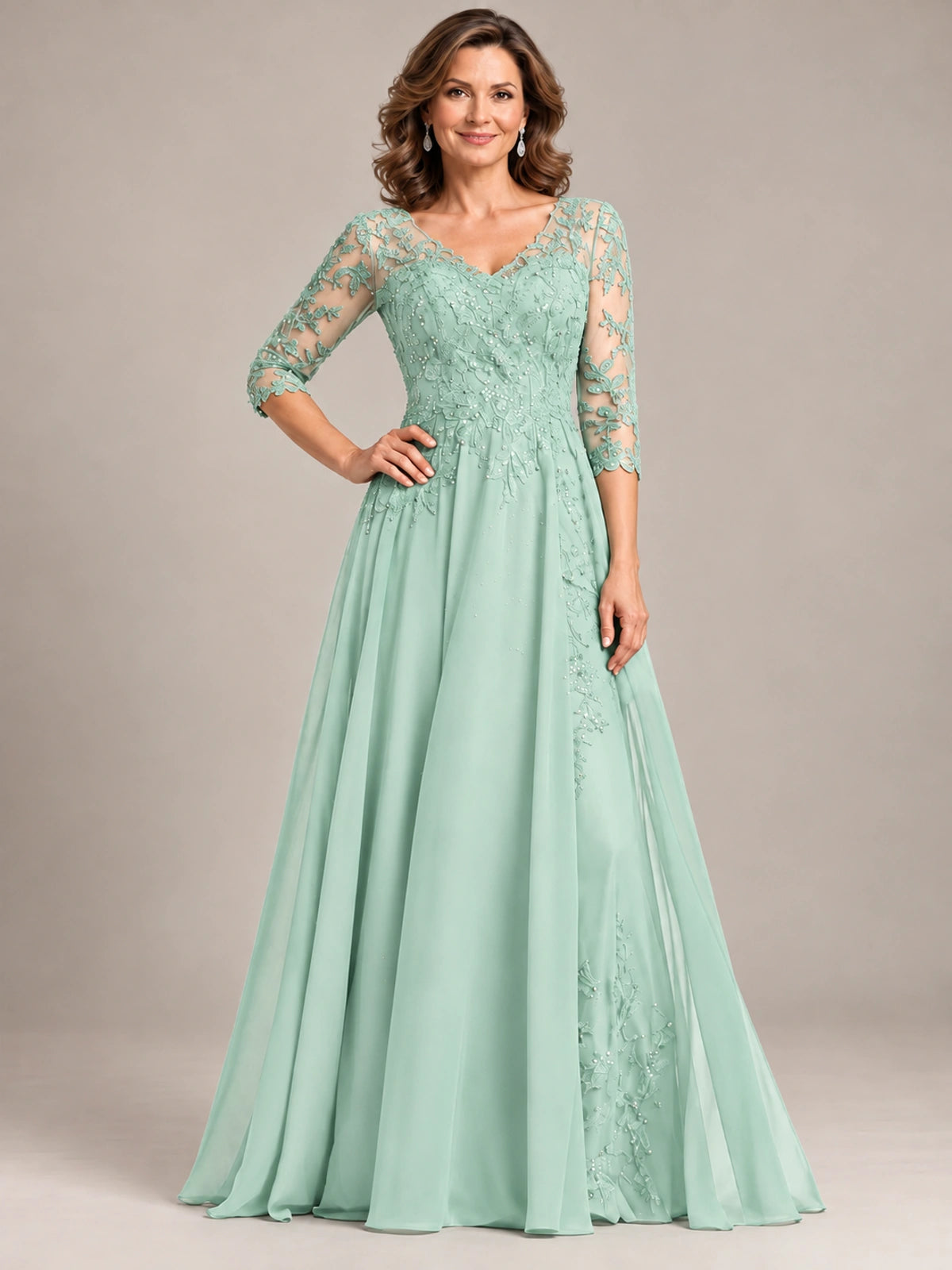 Sequin Lace A-Line Mother of the Bride Dress with 3/4 Sleeves