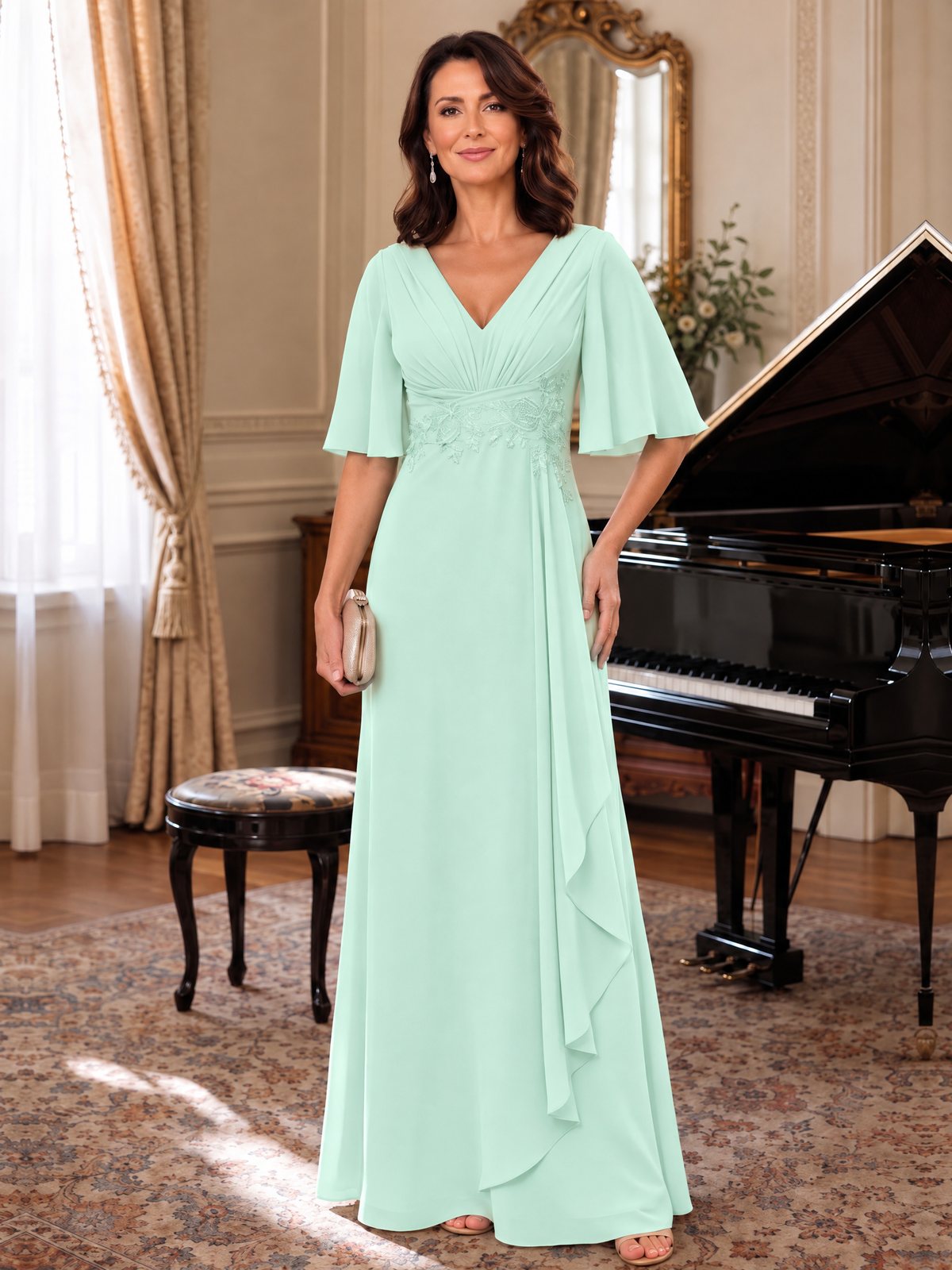 Mint Green V-Neck Chiffon Lace Mother of the Bride Dresses with Flutter Sleeve A-line Long Ruffled Evening Formal Wedding Guest Gown
