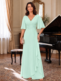 Mint Green V-Neck Chiffon Lace Mother of the Bride Dresses with Flutter Sleeve A-line Long Ruffled Evening Formal Wedding Guest Gown