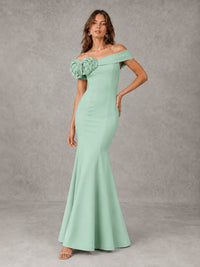 Blush Pink Off Shoulder Mermaid Bridesmaid Dress with Floral Rosette