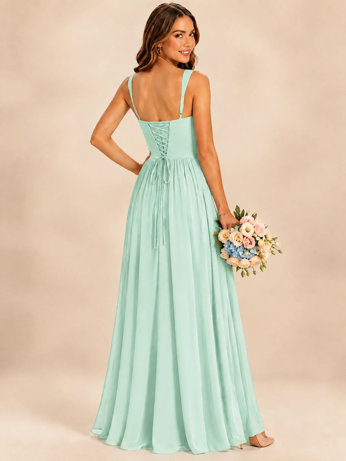Spaghetti Straps Pleated Chiffon Bridesmaid Dress with Ruffle Slit