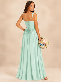 Spaghetti Straps Pleated Chiffon Bridesmaid Dress with Ruffle Slit