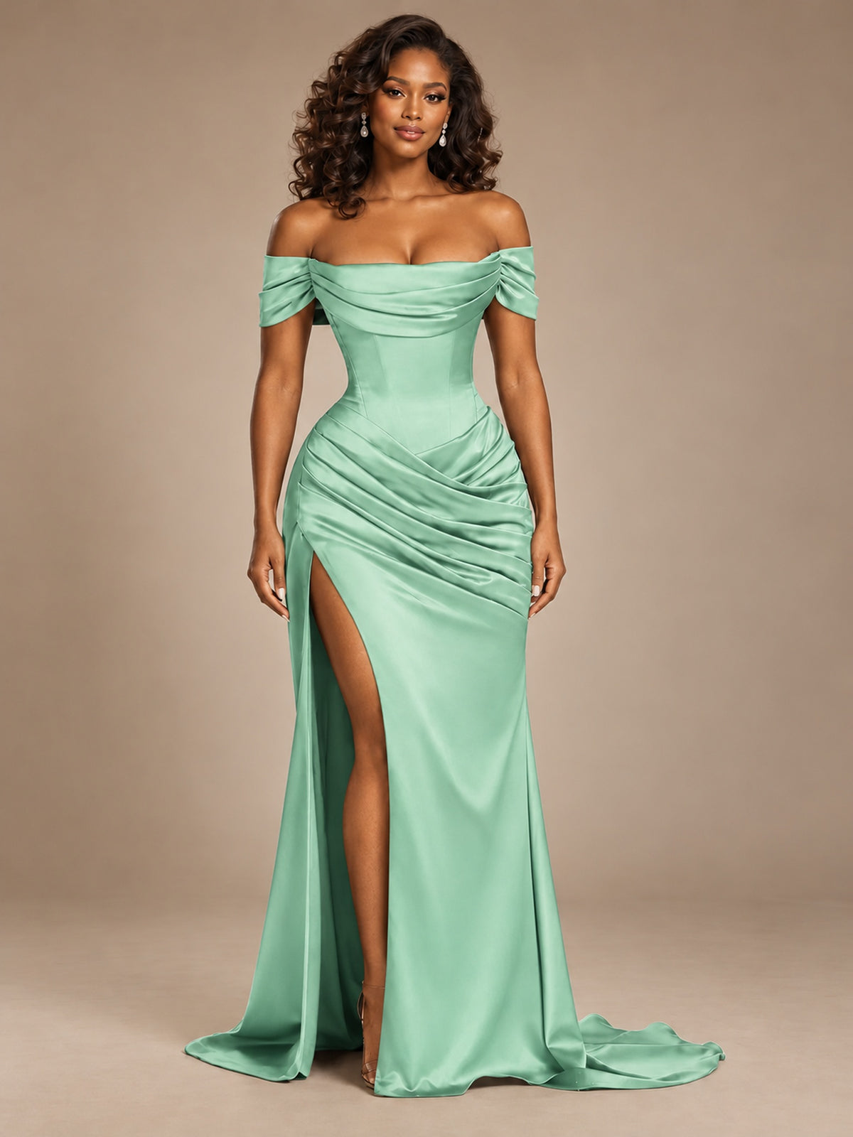 Burgundy Off-the-Shoulder Satin Corset Prom Dress with Slit