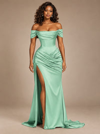 Burgundy Off-the-Shoulder Satin Corset Prom Dress with Slit