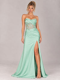 Strapless Satin Prom Dress with Sheer Lace Corset & High Slit