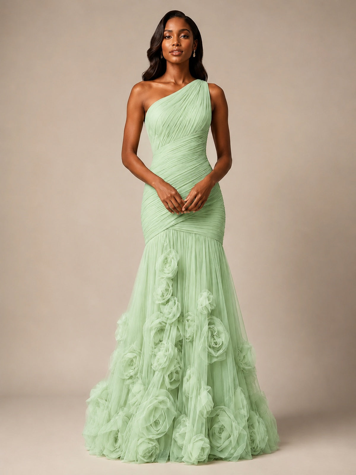 Blush Pink One Shoulder 3D Floral Mermaid Prom Dress