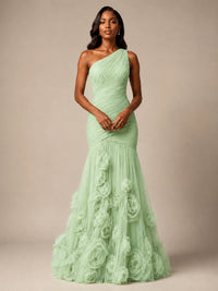 Blush Pink One Shoulder 3D Floral Mermaid Prom Dress