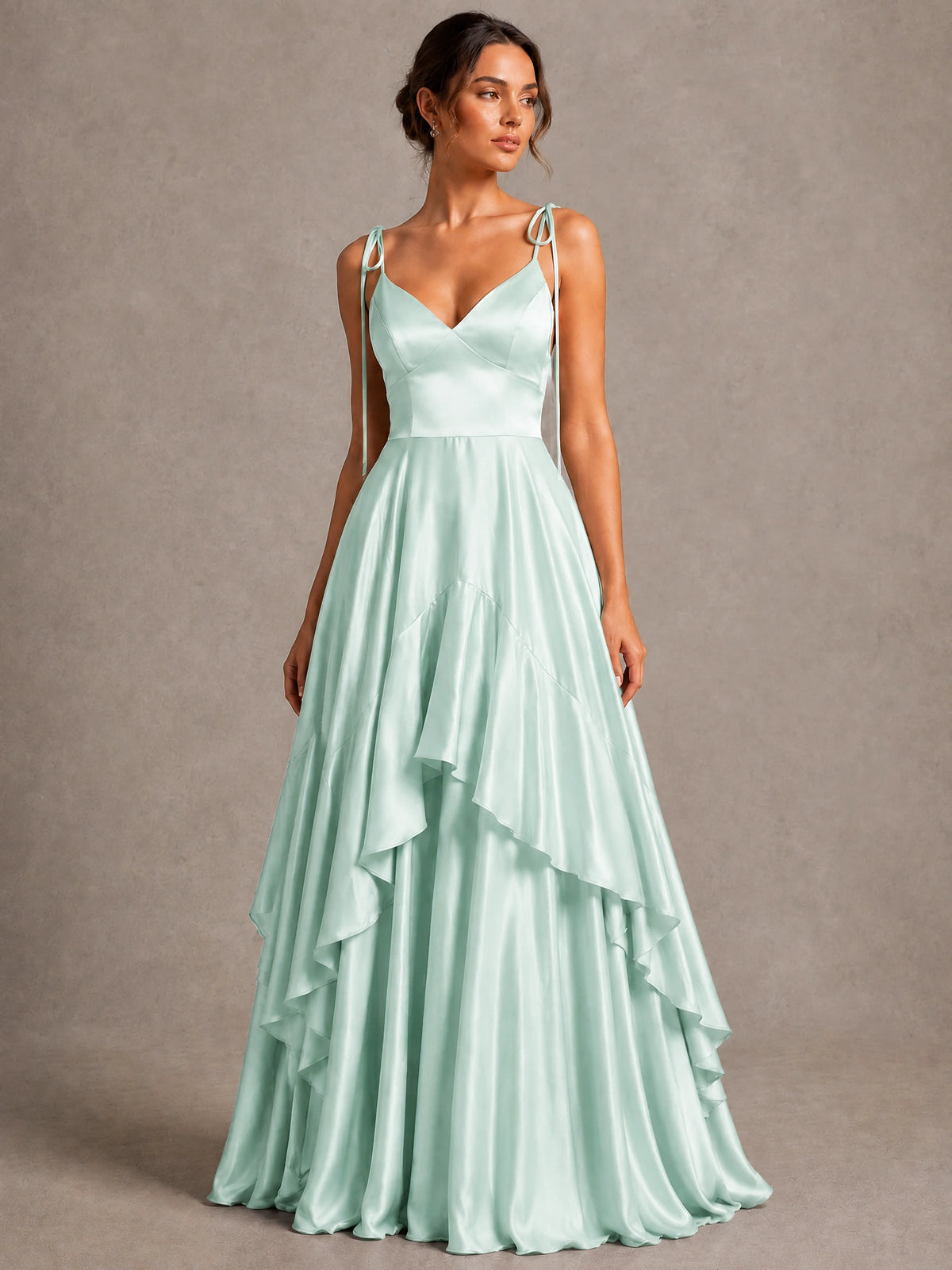 Lavender Satin V-Neck Ruffle Maxi Dress
