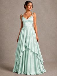 Lavender Satin V-Neck Ruffle Maxi Dress