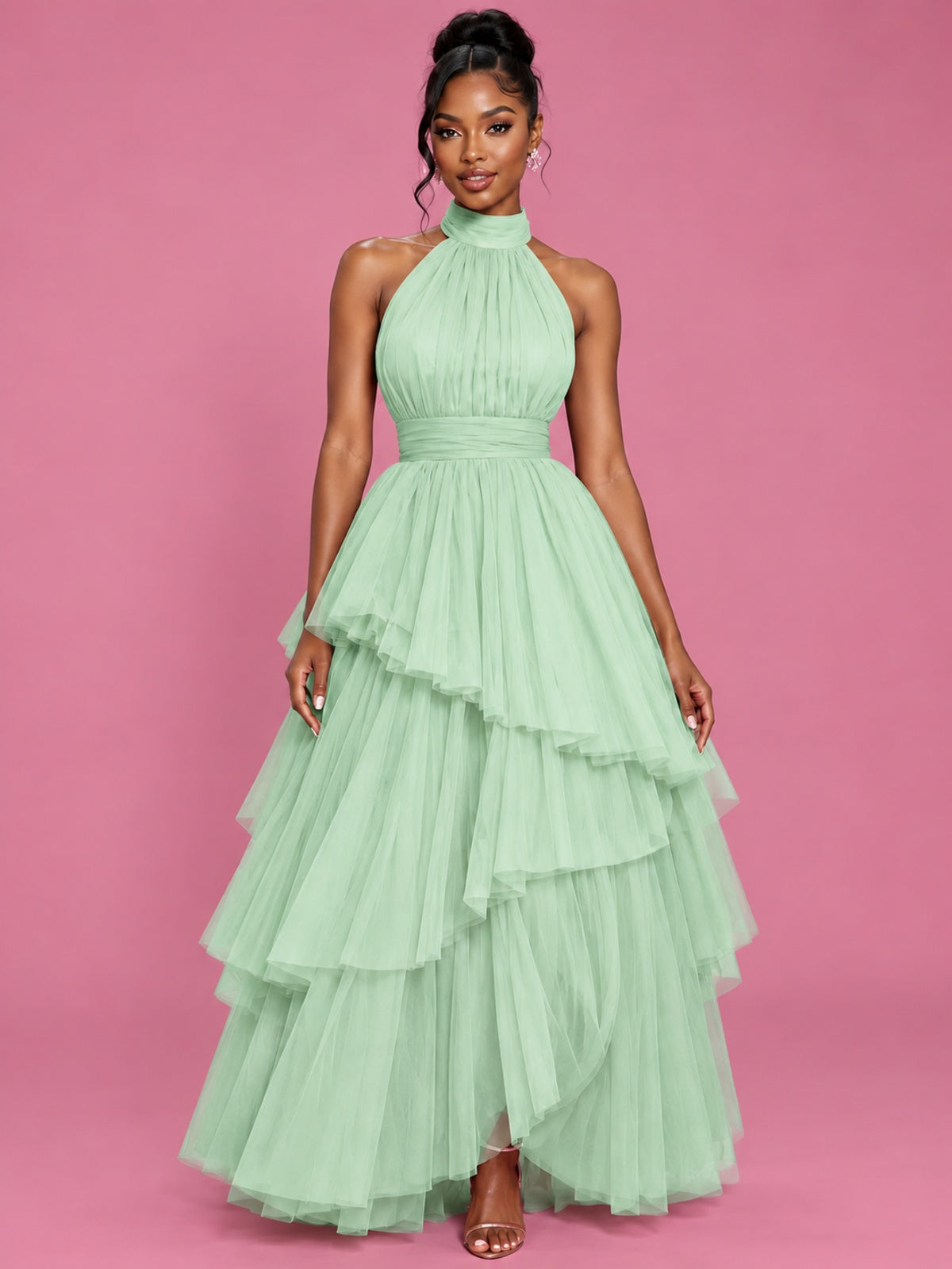 Hot Pink Tulle Halter Neck Tiered Ruffle Maxi Dress