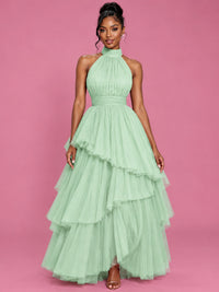 Hot Pink Tulle Halter Neck Tiered Ruffle Maxi Dress