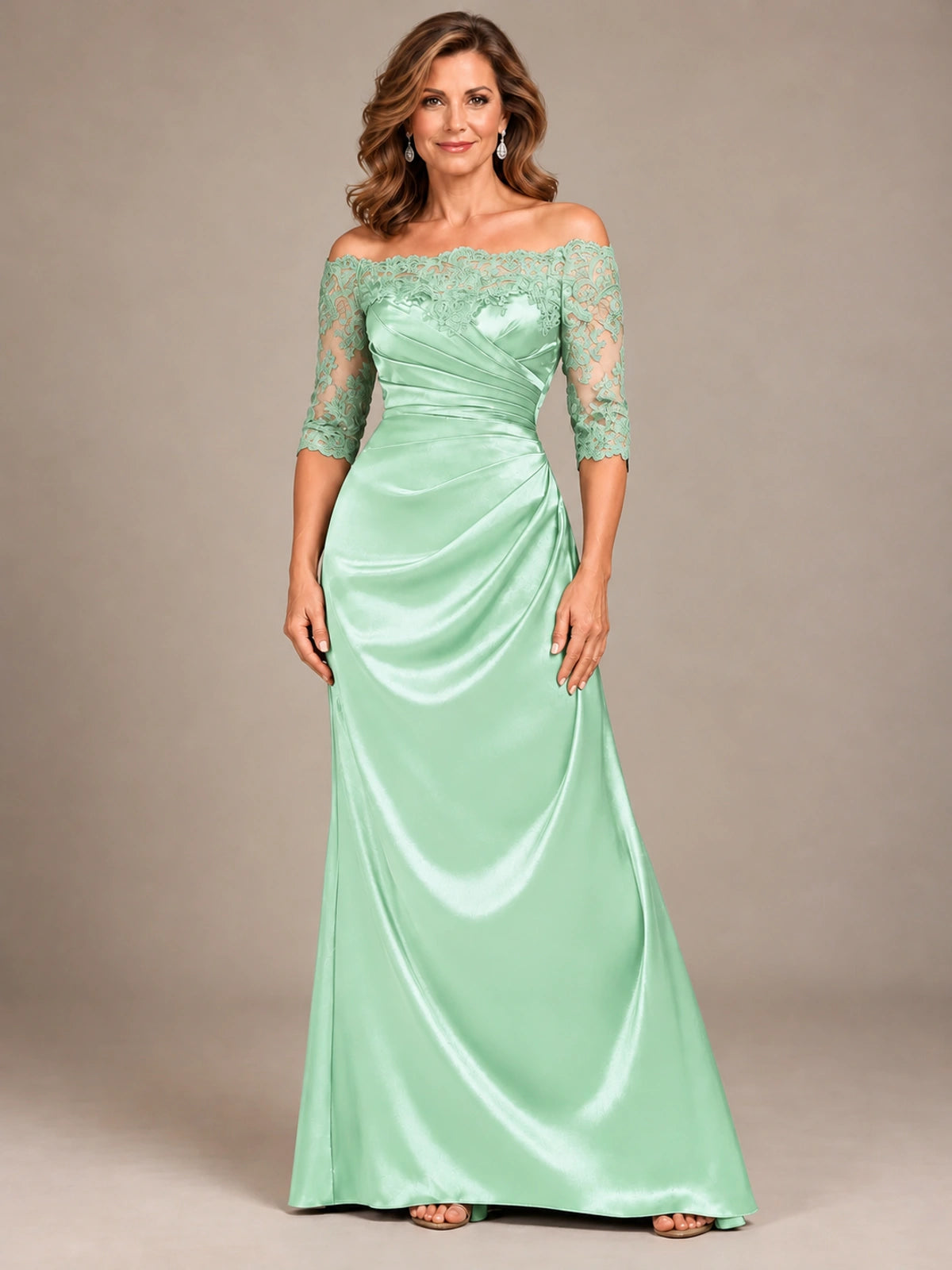 Satin Mother of the Bride Dress with Lace Sleeves Off Shoulder Formal Gown