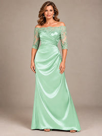 Satin Mother of the Bride Dress with Lace Sleeves Off Shoulder Formal Gown