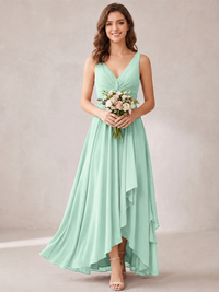 V-Neck High-Low Chiffon Bridesmaid Dress with Ruffles