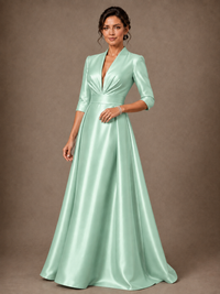 V-Neck Pleated Satin Mother of the Bride Gown with 3/4 Sleeves