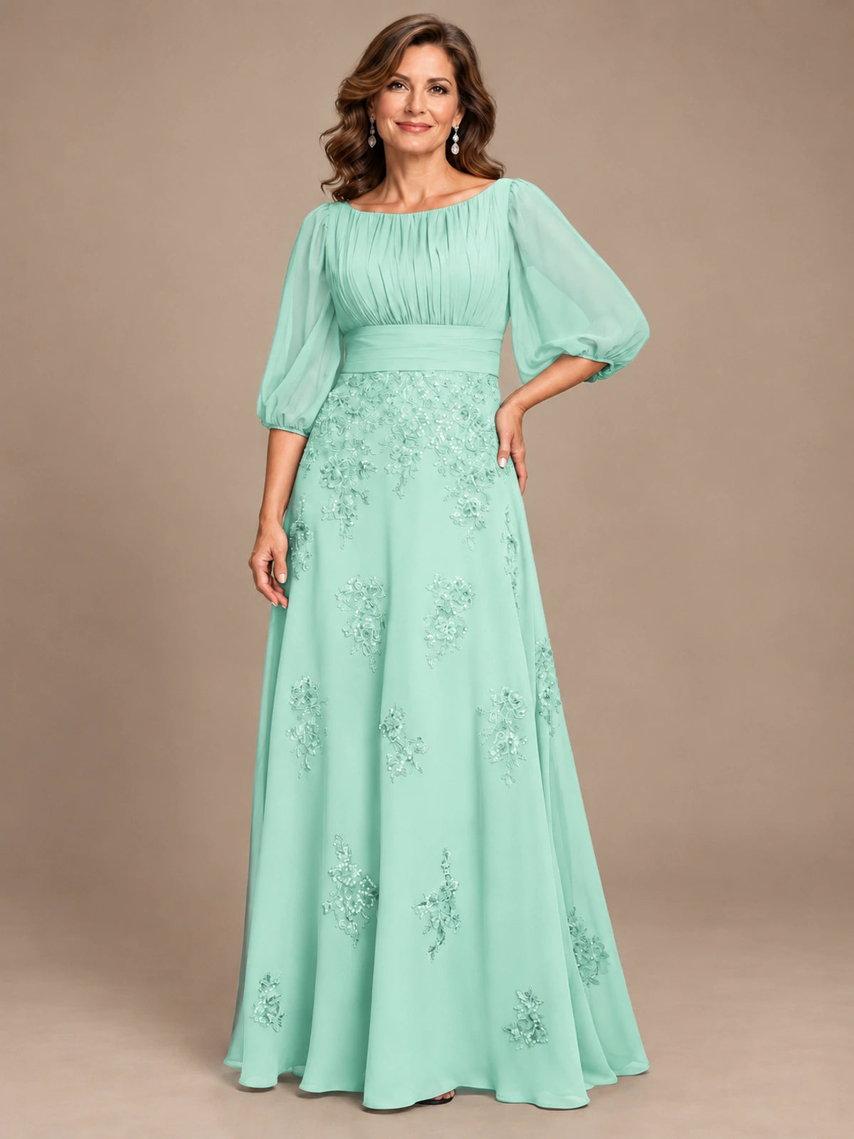 A-Line Mother of the Bride Dress with Sheer Puff Sleeves