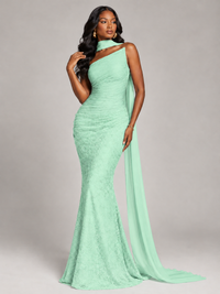 Pleated Chiffon Lace Prom Dresses Long Bodycon Mermaid with Scarf