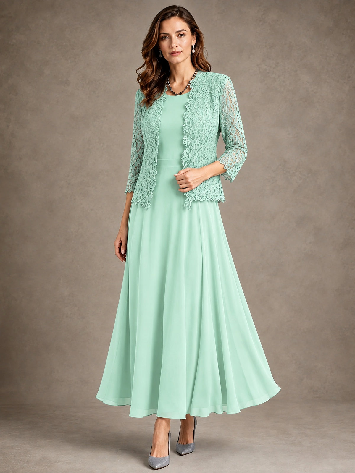 2-Piece Chiffon Mother of the Bride Dress with Lace Jacket