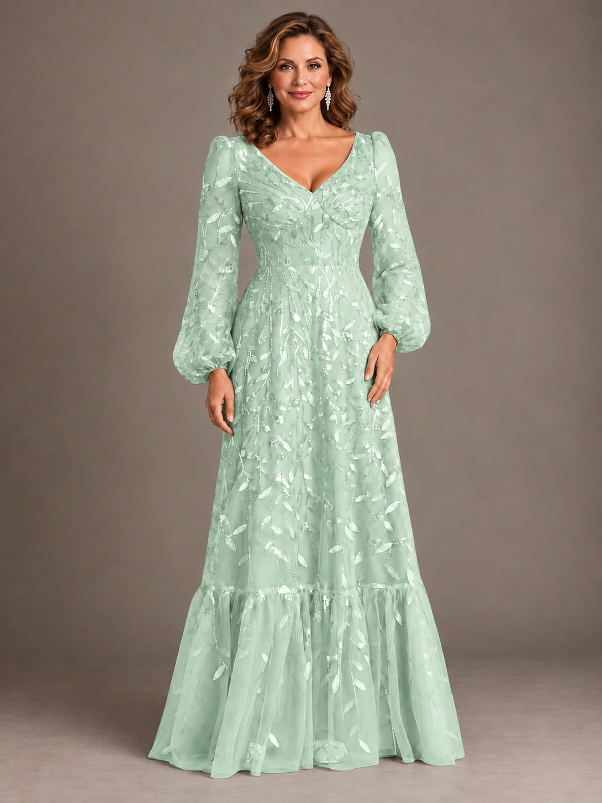 Floral Sequin Embroidered A-Line Mother of the Bride Dress with Long Sleeves