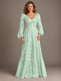 Floral Sequin Embroidered A-Line Mother of the Bride Dress with Long Sleeves