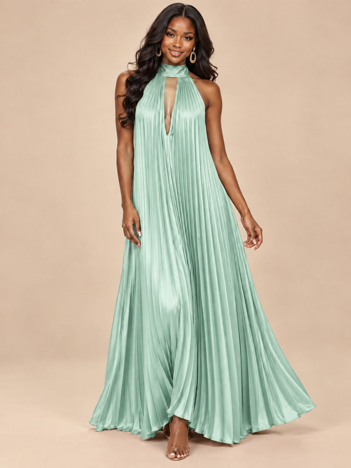 Rust Orange Pleated Halter Neck Maxi Dress