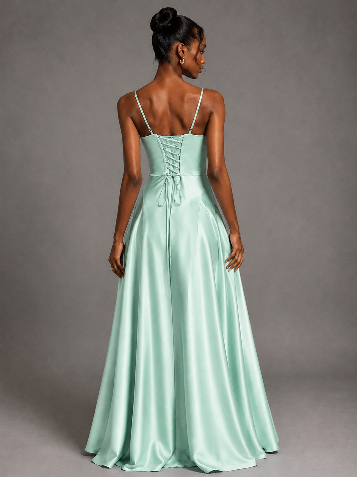 Lavender V Neck Satin Prom Dress with Spaghetti Straps