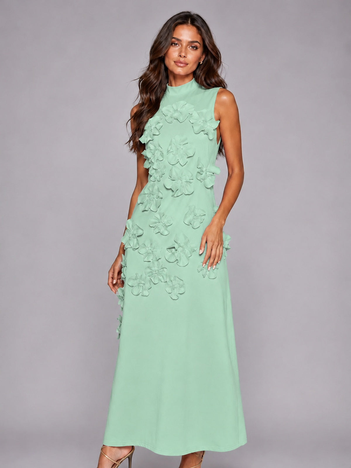 3D Floral Applique High Neck Prom Maxi Dress