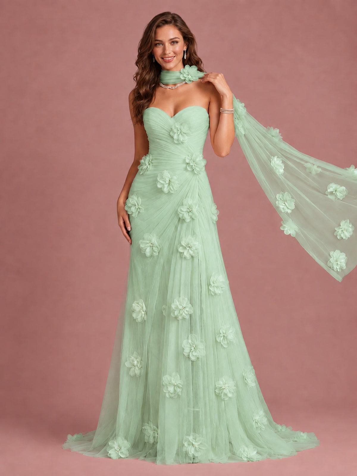 Blush Pink Strapless Sweetheart 3D Floral Tulle Mermaid Prom Dress